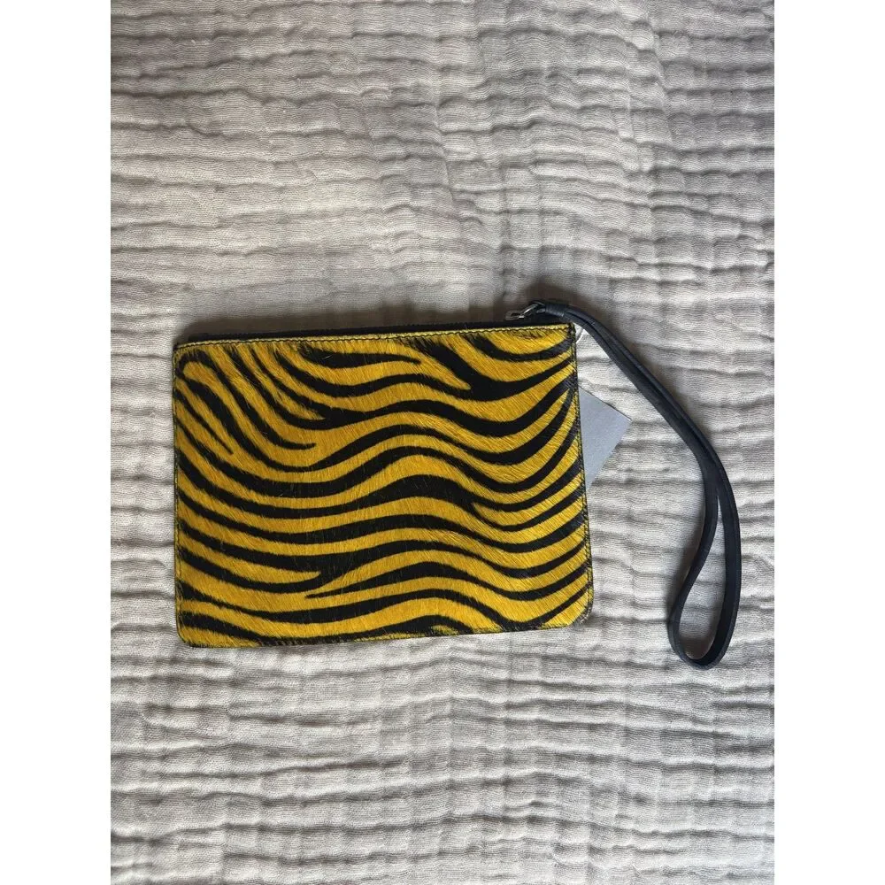 Puntotibea Zebra Print Leather Wristlet Yellow Black Haircalf Clutch NWT Italy - Picture 2 of 3